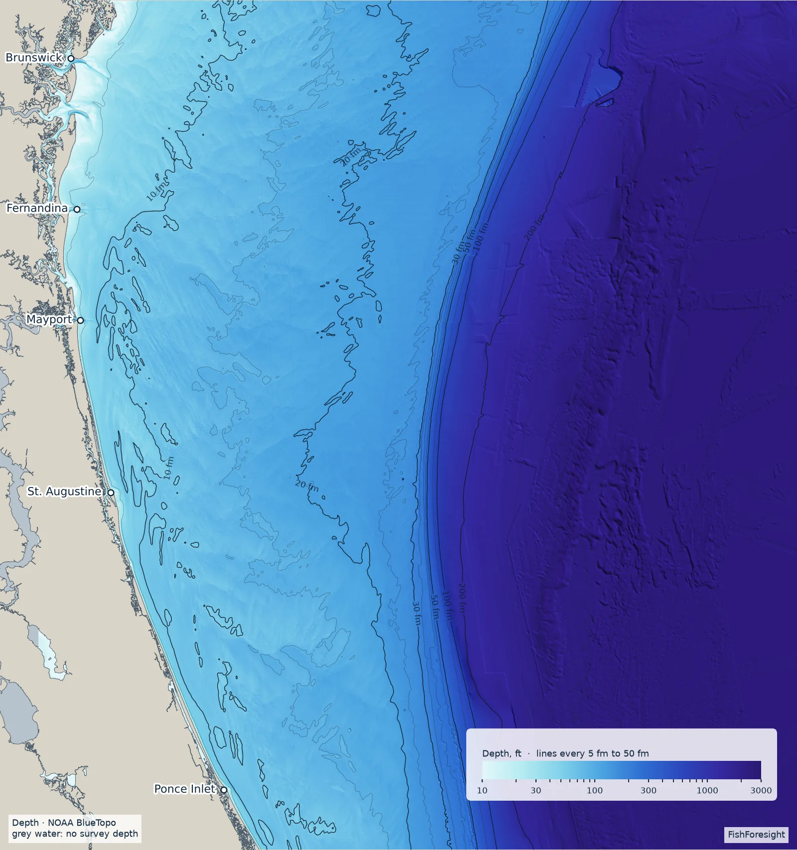 Map of sea-floor depth off Northeast Florida from NOAA BlueTopo, shaded relief from pale cyan shallows to violet deep water, with depth contour lines