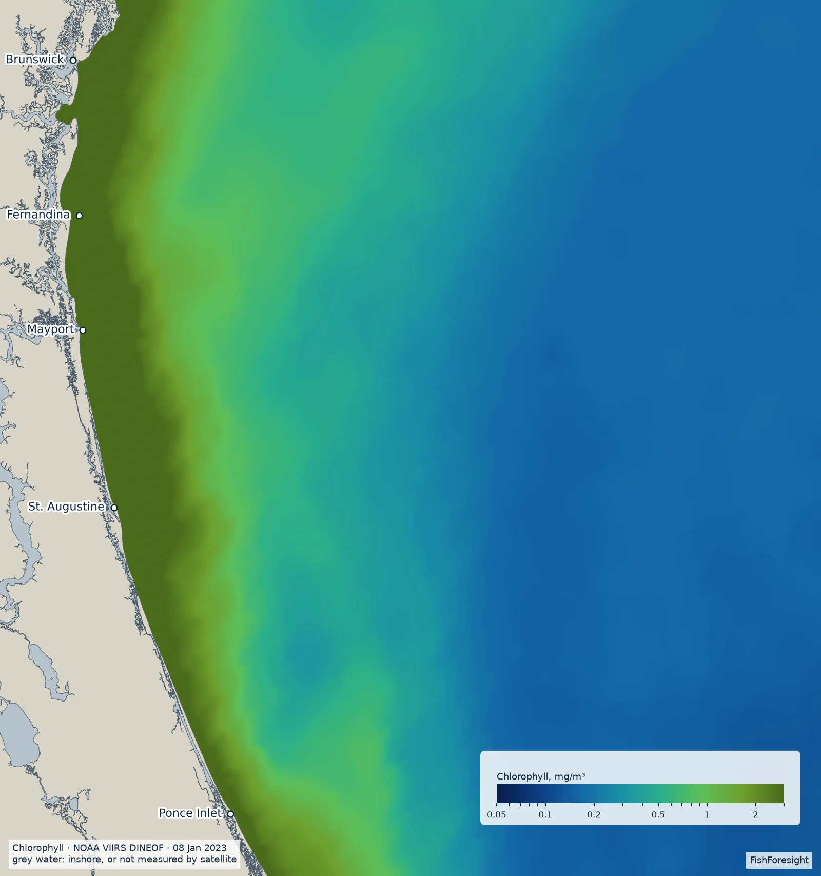 Map of chlorophyll off Northeast Florida, from dark blue clean water to olive-green water, 0.05 to 3 mg per cubic metre; inshore water is grey