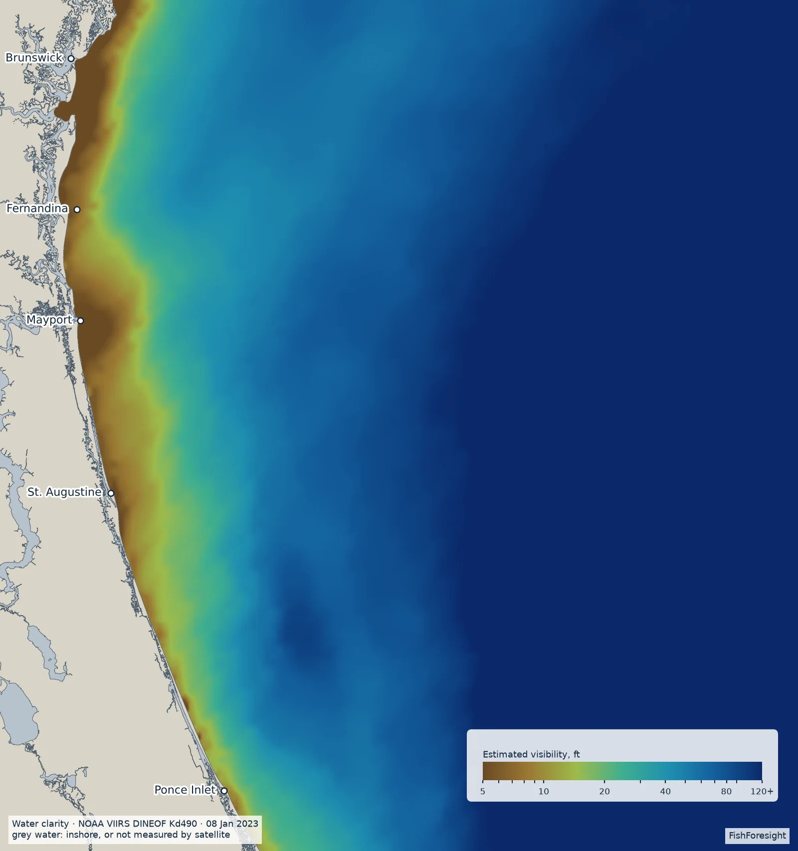 Map of estimated underwater visibility off Northeast Florida, from brown murky water (5 ft) to deep blue clear water (120 ft or more); inshore water is grey