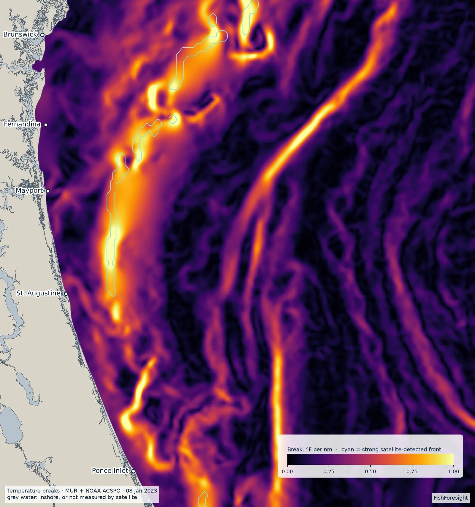 Map of temperature break strength off Northeast Florida, from dark (no break) to bright yellow (1 °F per nautical mile or more), with strong satellite-detected fronts outlined in cyan