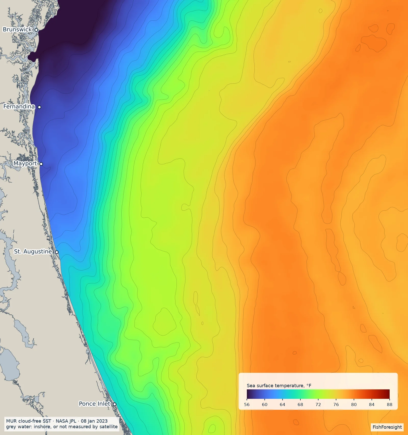 Map of sea surface temperature off Northeast Florida, Brunswick to Ponce Inlet, coloured from 56 °F (dark blue) to 88 °F (dark red), with 1 °F contour lines; inshore water is grey